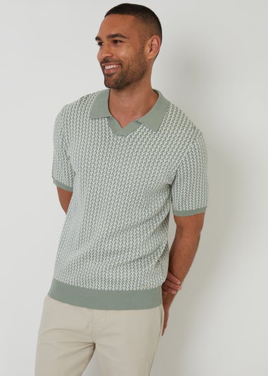 Threadbare Soft Green Jacquard Geo Trophy Neck Knitted Polo