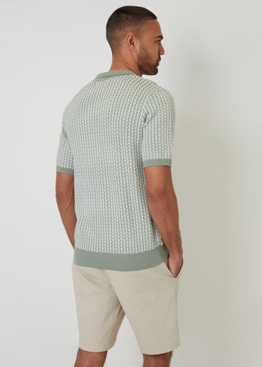Threadbare Soft Green Jacquard Geo Trophy Neck Knitted Polo