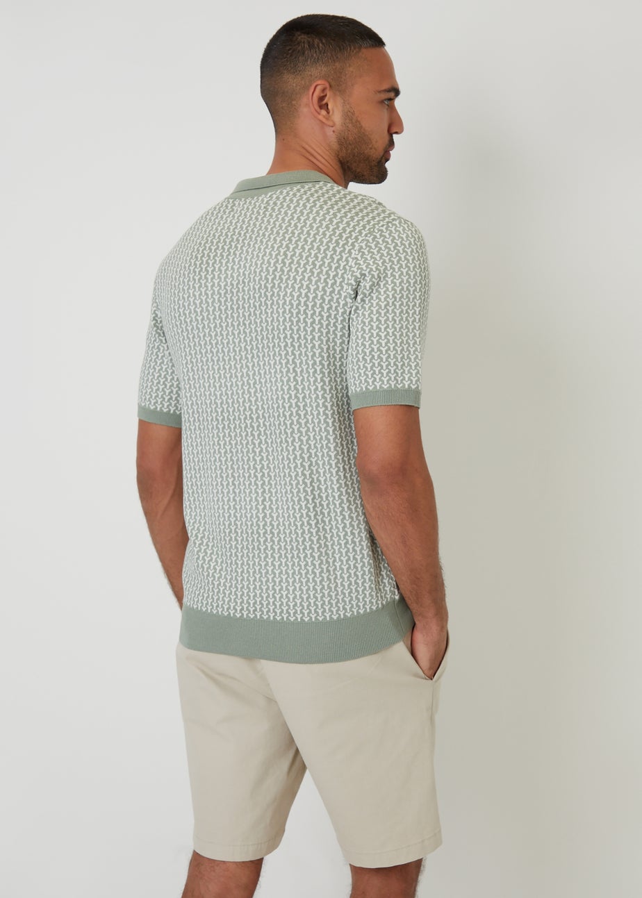 Threadbare Soft Green Jacquard Geo Trophy Neck Knitted Polo