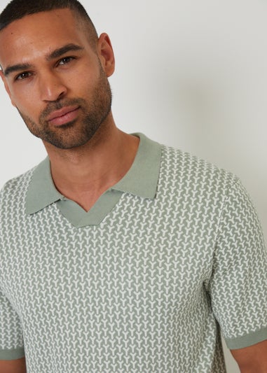Threadbare Soft Green Jacquard Geo Trophy Neck Knitted Polo