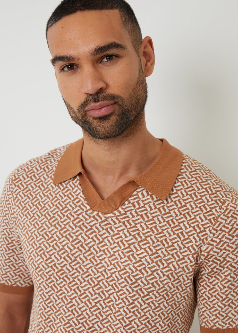 Threadbare Stone Jacquard Geo Trophy Neck Knitted Polo