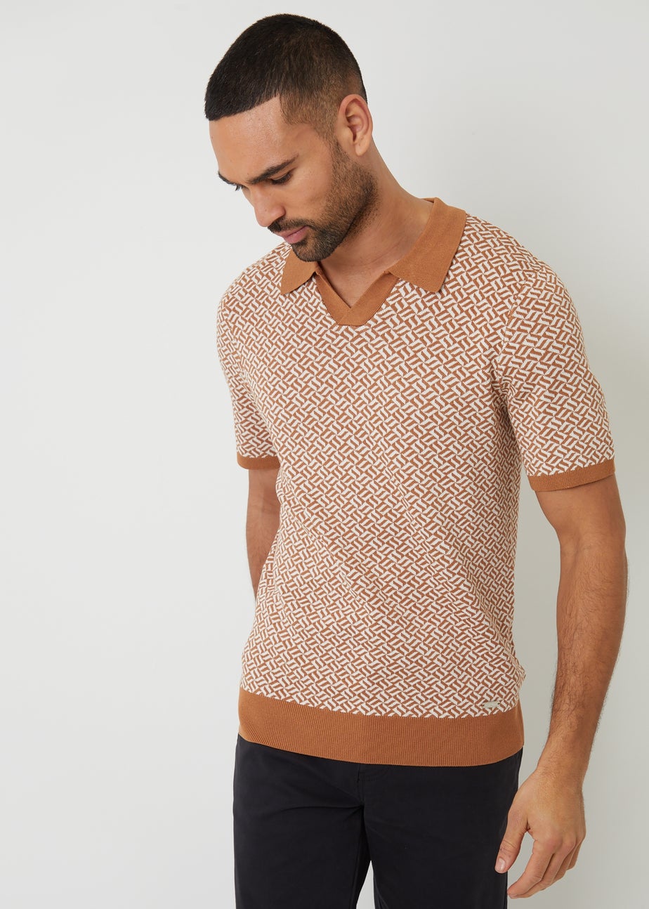 Threadbare Stone Jacquard Geo Trophy Neck Knitted Polo