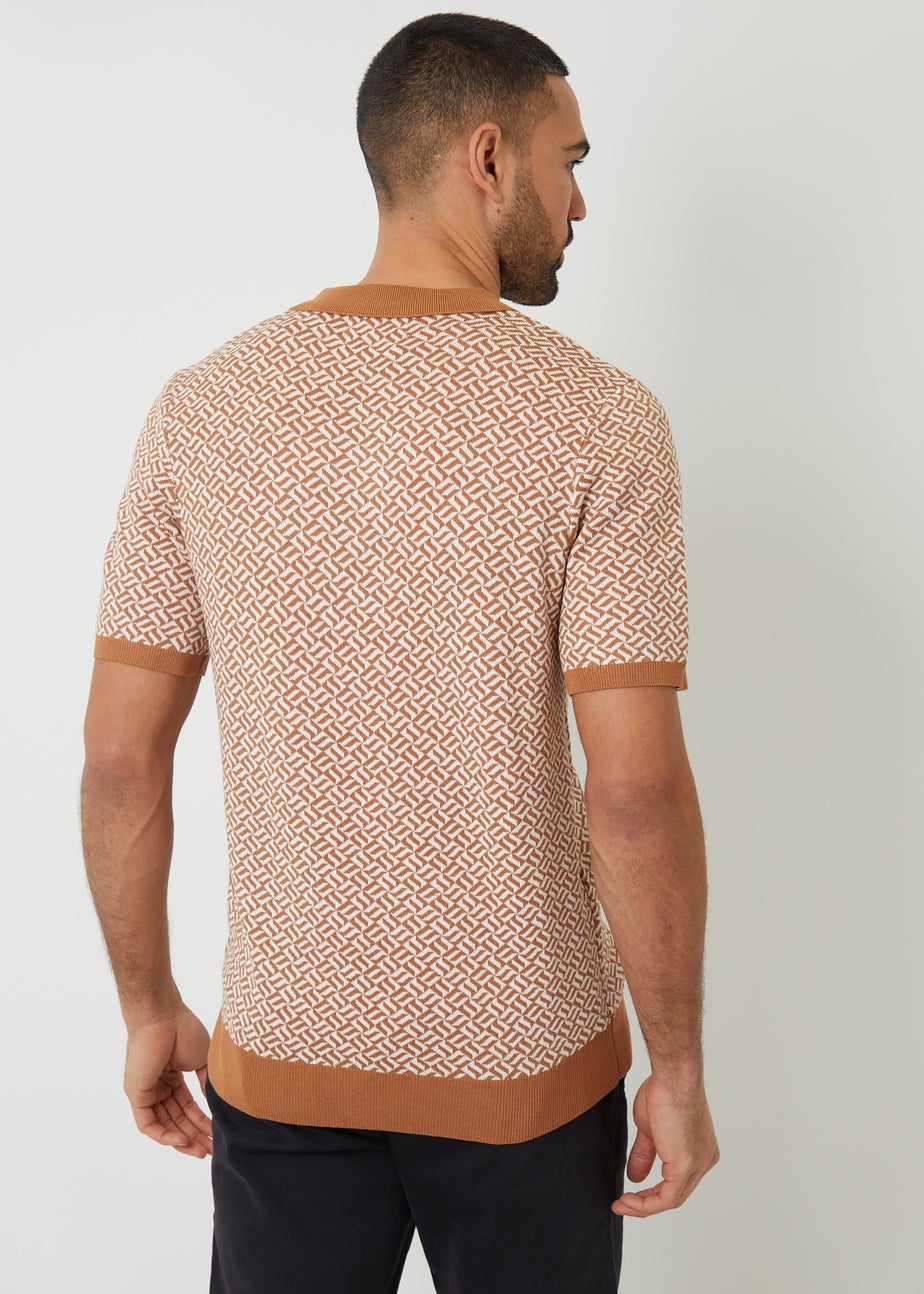 Threadbare Stone Jacquard Geo Trophy Neck Knitted Polo
