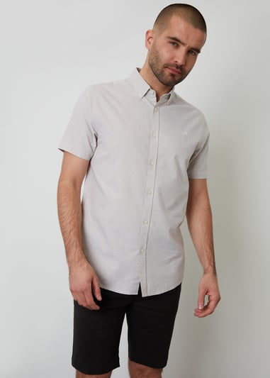 Threadbare Stone Oxford Cotton Slim Fit Short Sleeve Shirt