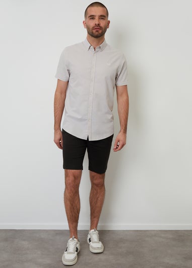 Threadbare Stone Oxford Cotton Slim Fit Short Sleeve Shirt