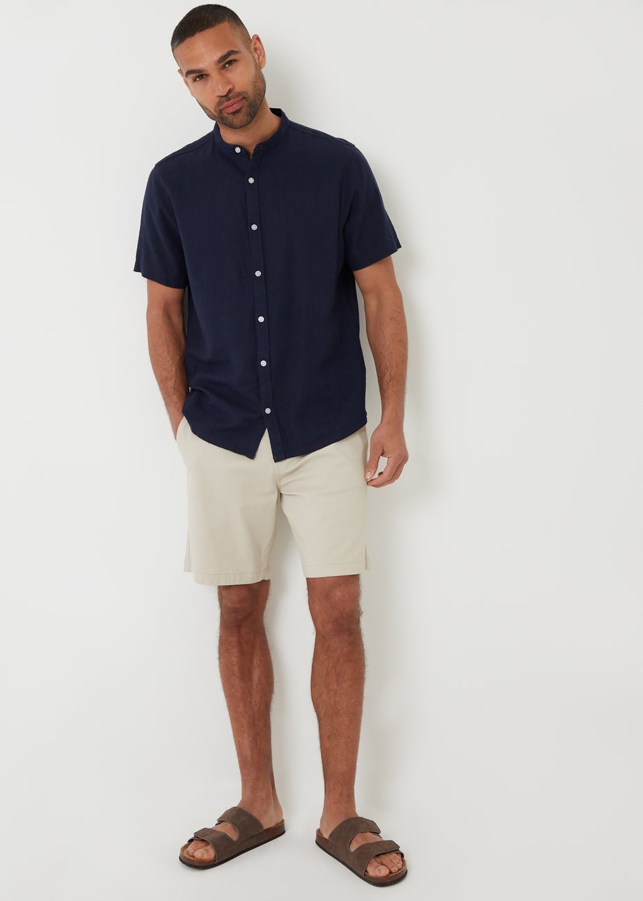 Threadbare Navy Grandad Collar Linen Blend Short Sleeve Shirt