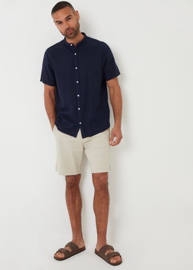 Threadbare Navy Grandad Collar Linen Blend Short Sleeve Shirt