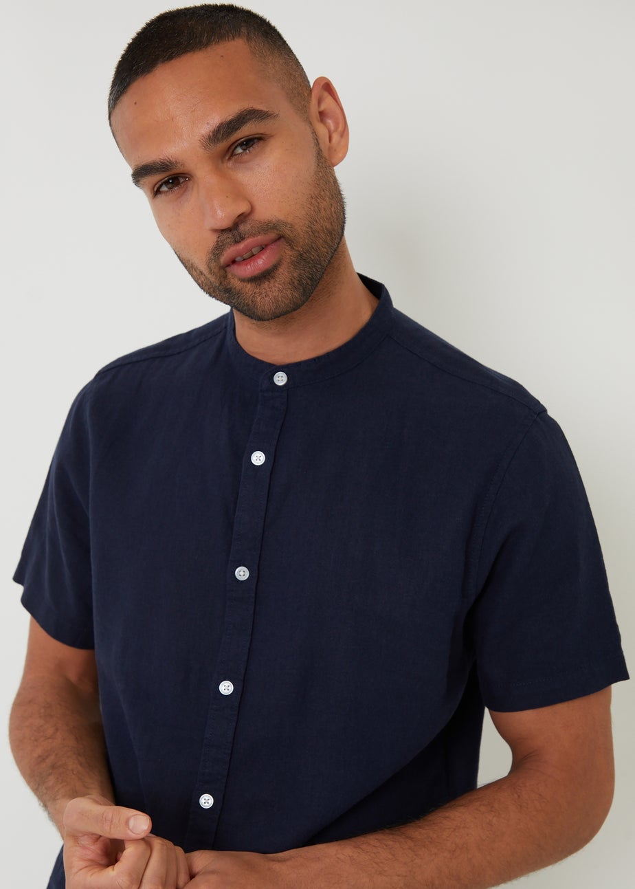 Threadbare Navy Grandad Collar Linen Blend Short Sleeve Shirt