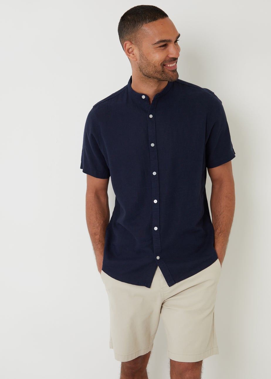 Threadbare Navy Grandad Collar Linen Blend Short Sleeve Shirt