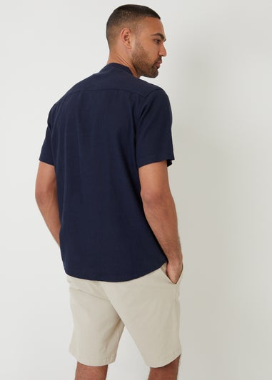 Threadbare Navy Grandad Collar Linen Blend Short Sleeve Shirt