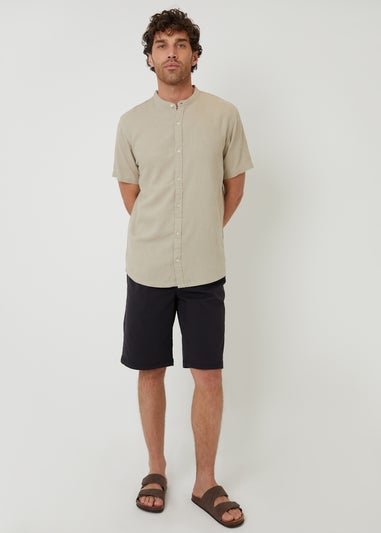 Threadbare Stone Grandad Collar Linen Blend Short Sleeve Shirt