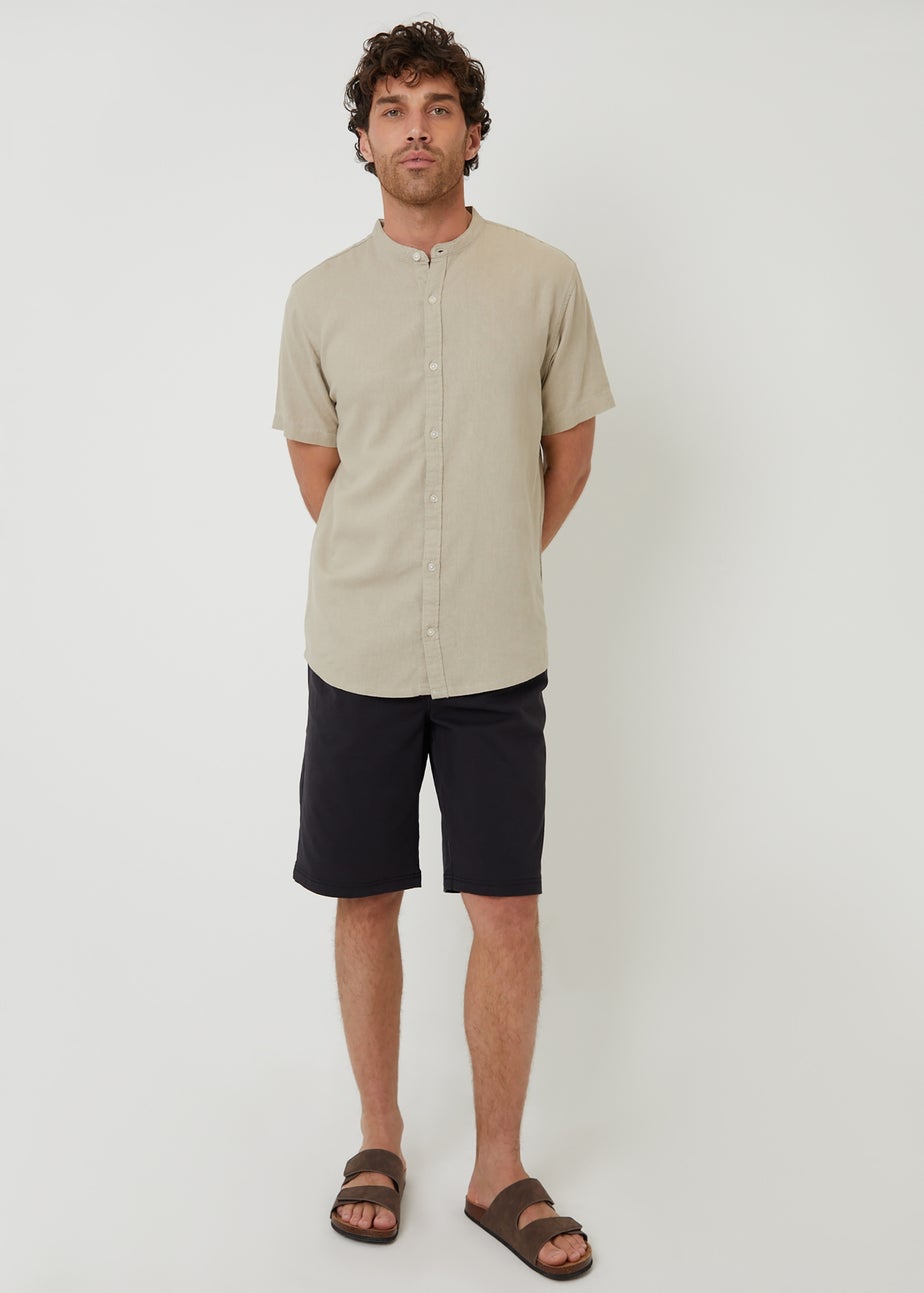 Threadbare Stone Grandad Collar Linen Blend Short Sleeve Shirt