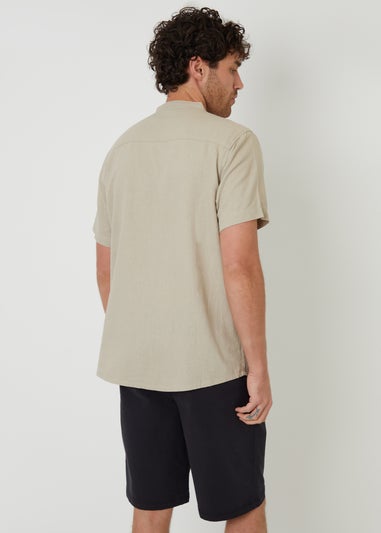 Threadbare Stone Grandad Collar Linen Blend Short Sleeve Shirt