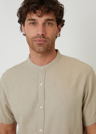 Threadbare Stone Grandad Collar Linen Blend Short Sleeve Shirt