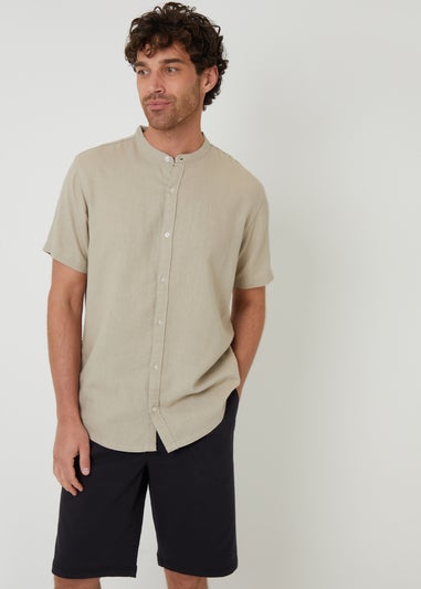 Threadbare Stone Grandad Collar Linen Blend Short Sleeve Shirt