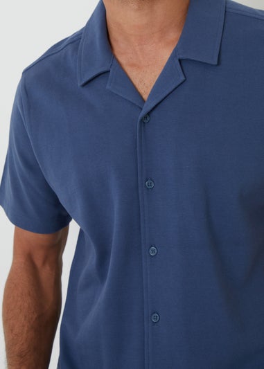 Threadbare Blue Cotton Pique Revere Collar Short Sleeve Shirt