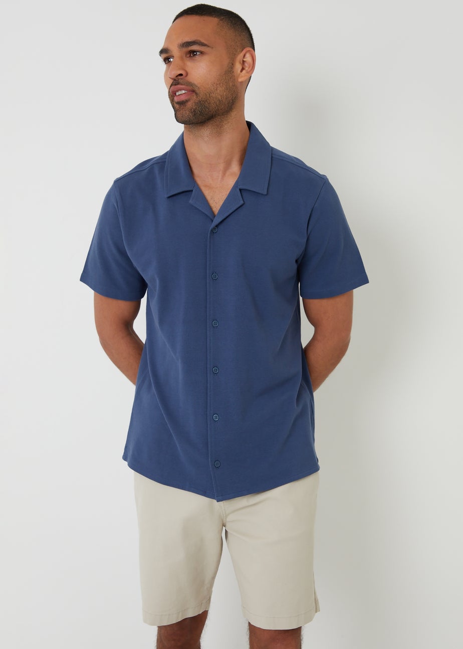 Threadbare Blue Cotton Pique Revere Collar Short Sleeve Shirt
