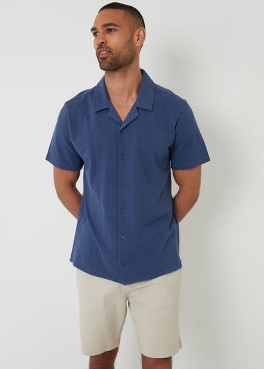 Threadbare Blue Cotton Pique Revere Collar Short Sleeve Shirt