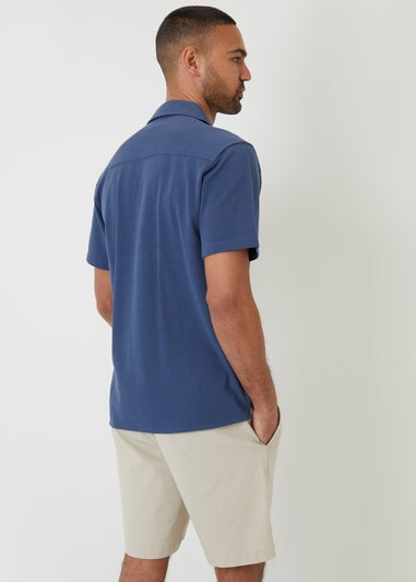 Threadbare Blue Cotton Pique Revere Collar Short Sleeve Shirt