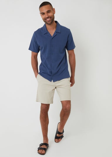 Threadbare Blue Cotton Pique Revere Collar Short Sleeve Shirt