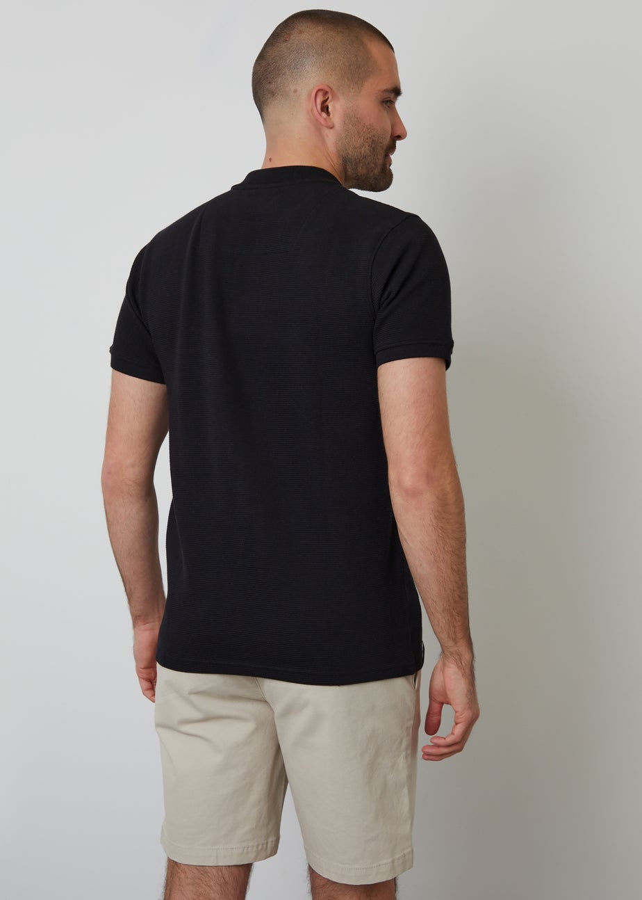 Threadbare Black Ottoman Rib Textured Cotton Polo Shirt