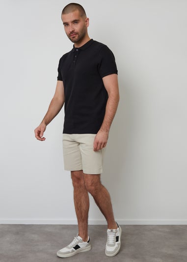 Threadbare Black Ottoman Rib Textured Cotton Polo Shirt