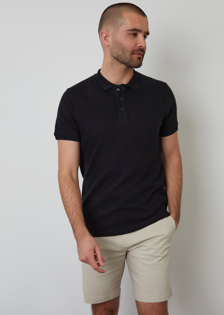 Threadbare Black Ottoman Rib Textured Cotton Polo Shirt