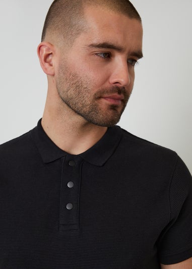 Threadbare Black Ottoman Rib Textured Cotton Polo Shirt