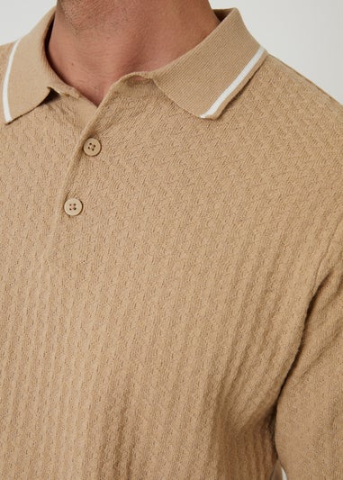 Threadbare Brown Textured Front Tipping Collar Knitted Polo Shirt