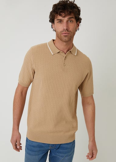 Threadbare Brown Textured Front Tipping Collar Knitted Polo Shirt