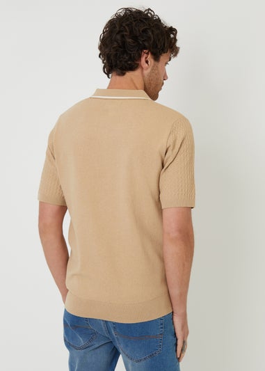 Threadbare Brown Textured Front Tipping Collar Knitted Polo Shirt