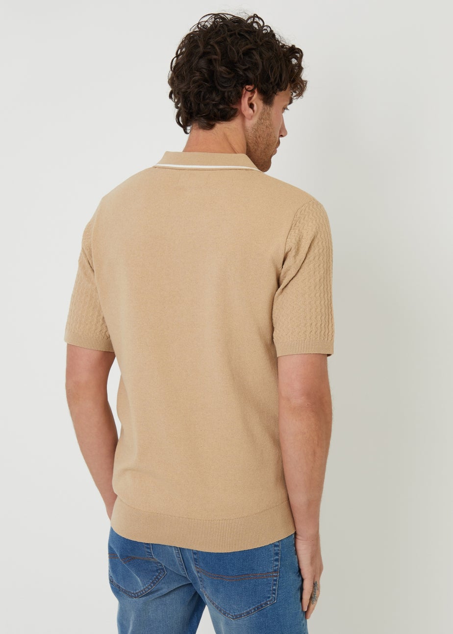 Threadbare Brown Textured Front Tipping Collar Knitted Polo Shirt