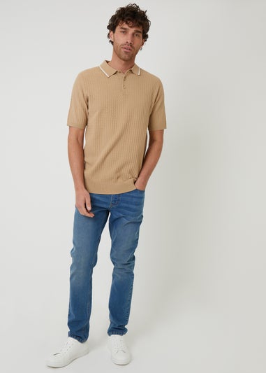 Threadbare Brown Textured Front Tipping Collar Knitted Polo Shirt