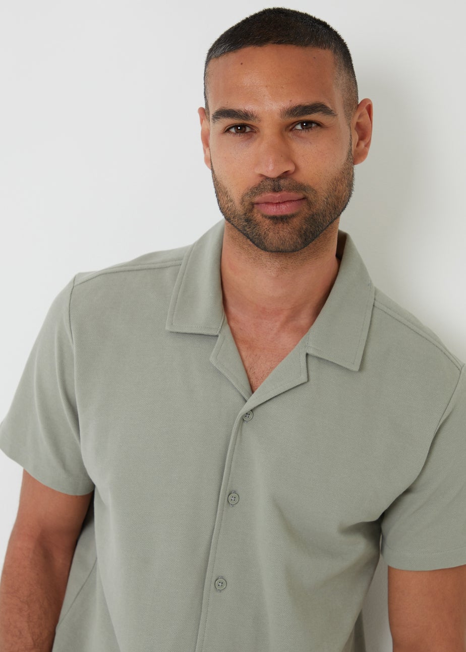 Threadbare Soft Green Cotton Pique Revere Collar Short Sleeve Shirt
