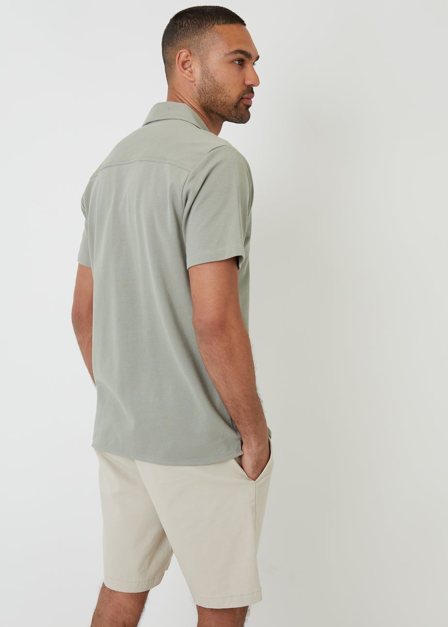 Threadbare Soft Green Cotton Pique Revere Collar Short Sleeve Shirt