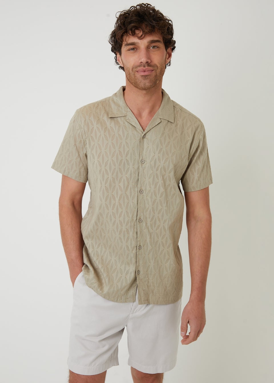 Threadbare Stone Cotton Pluck Textured Short Sleeve Shirt