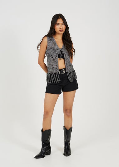 Brave Soul Black Metallic Tie Front Waistcoat