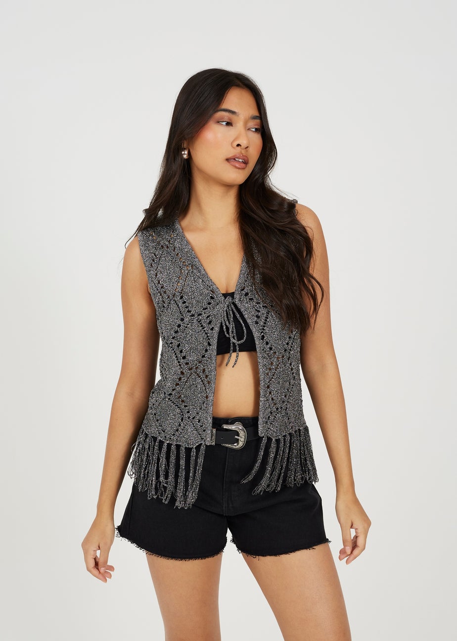 Brave Soul Black Metallic Tie Front Waistcoat