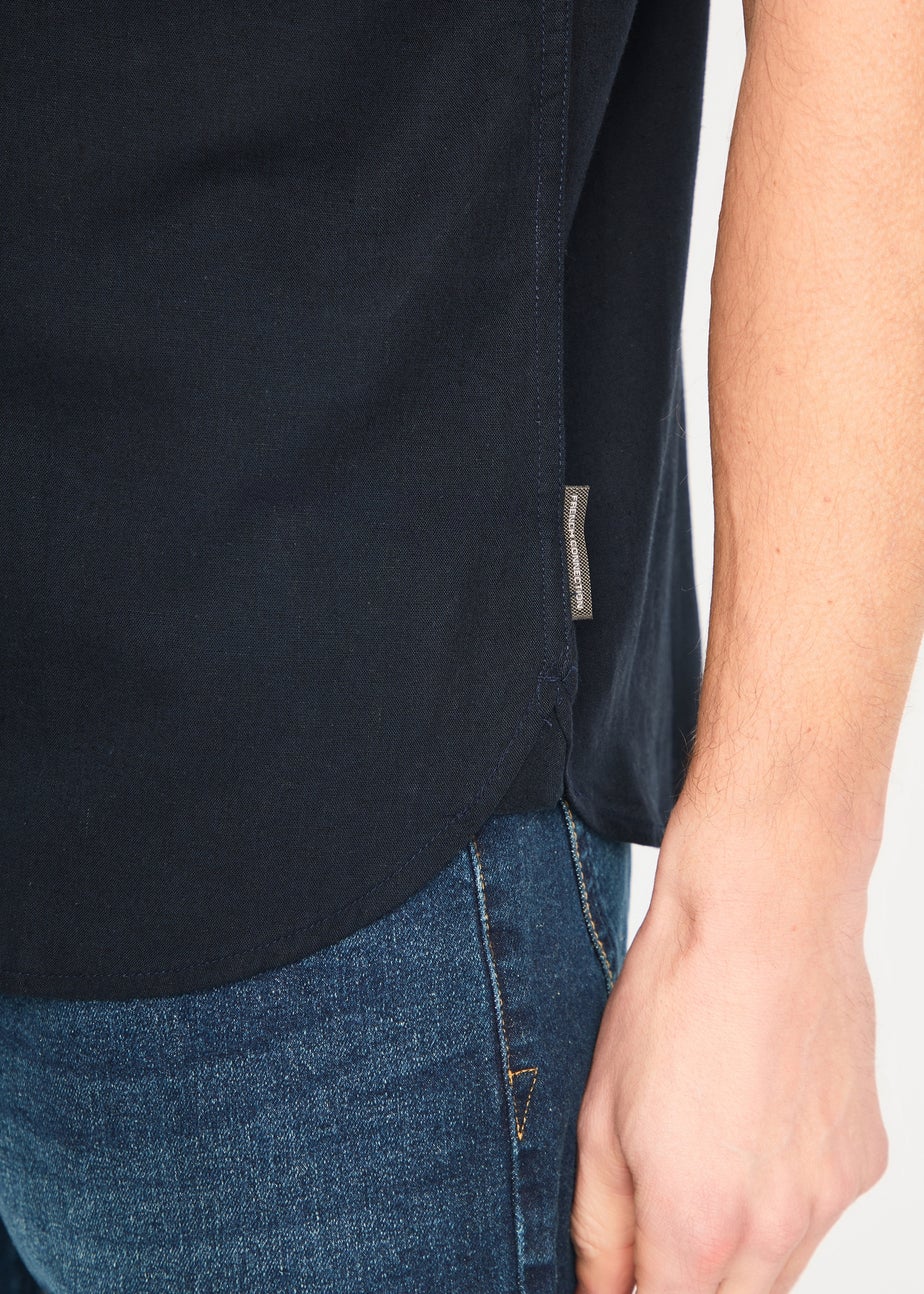 French Connection Navy Linen Blend Short Sleeve Chest Pocket Shirt