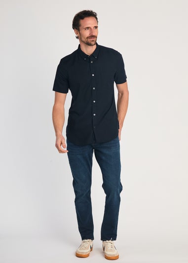 French Connection Navy Linen Blend Short Sleeve Chest Pocket Shirt
