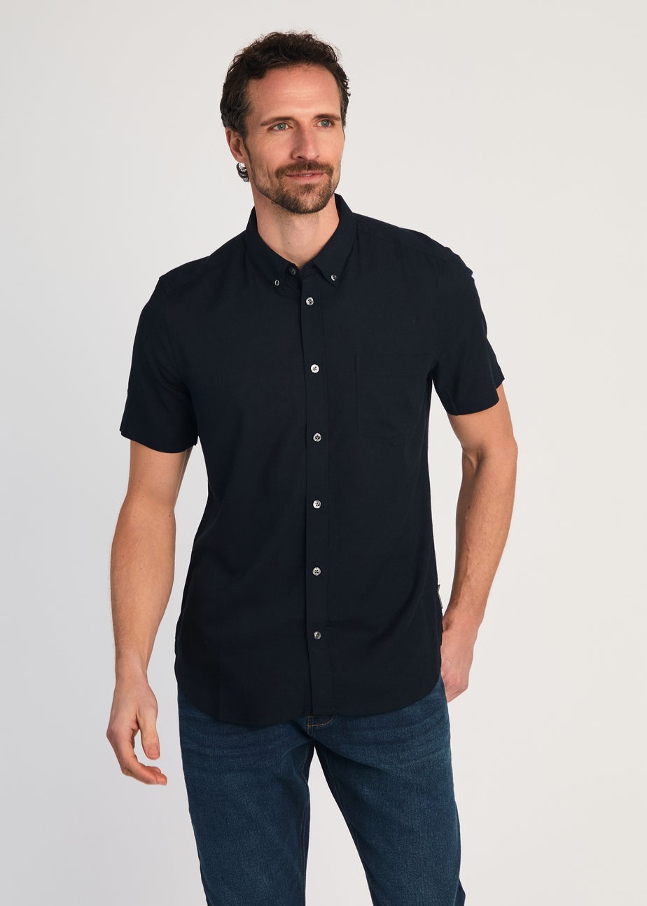 French Connection Navy Linen Blend Short Sleeve Chest Pocket Shirt