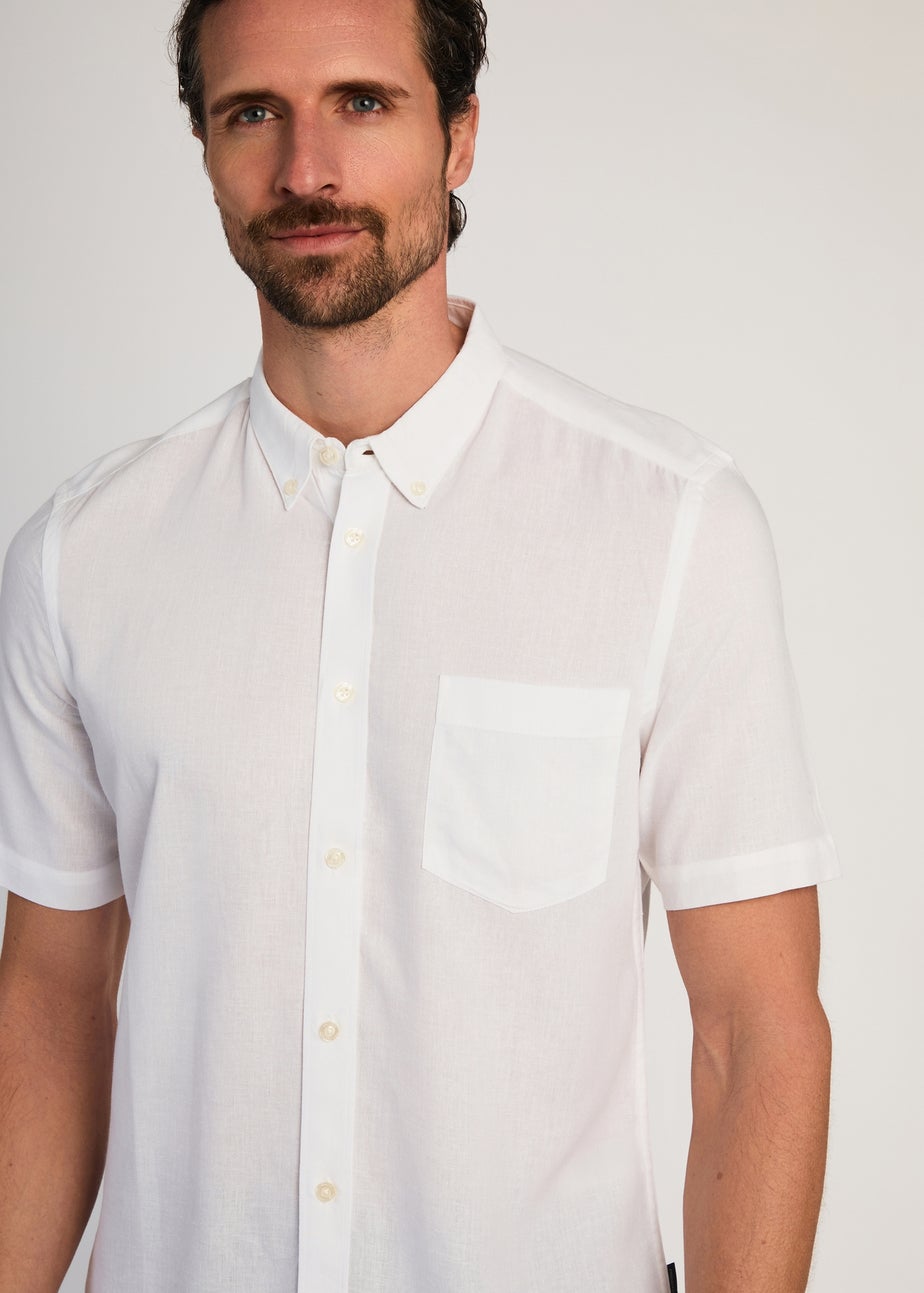 French Connection White Linen Blend Short Sleeve Chest Pocket Shirt