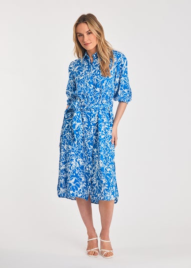 French Connection Blue Floral Print Short Sleeve Midi Shirt Dress