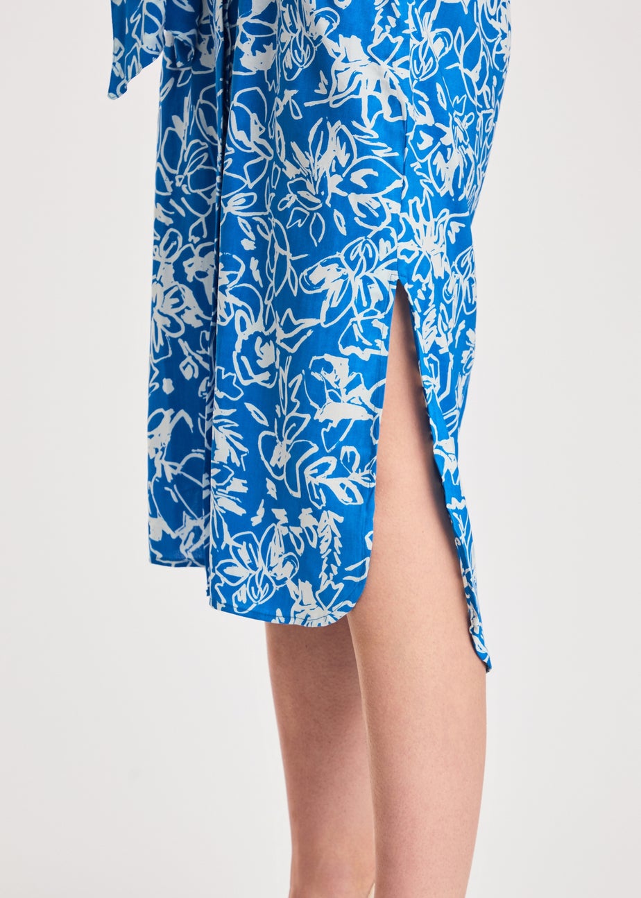 French Connection Blue Floral Print Short Sleeve Midi Shirt Dress