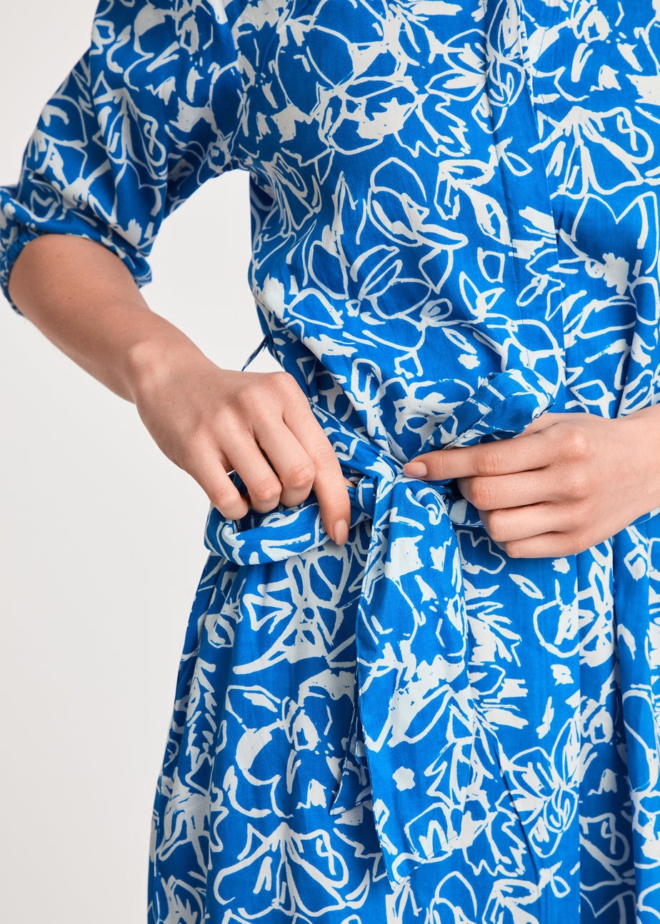 French Connection Blue Floral Print Short Sleeve Midi Shirt Dress