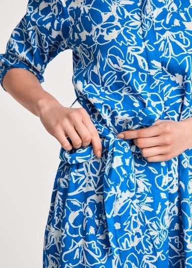 French Connection Blue Floral Print Short Sleeve Midi Shirt Dress