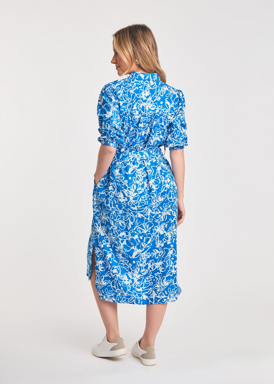French Connection Blue Floral Print Short Sleeve Midi Shirt Dress