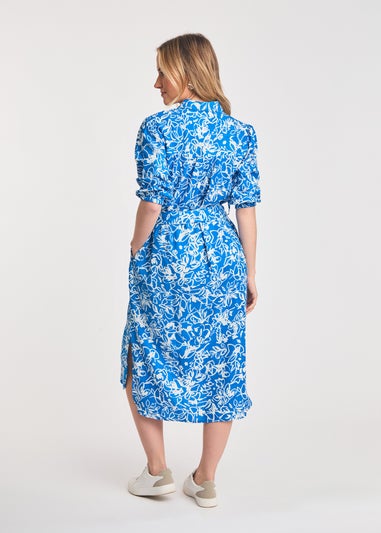French Connection Blue Floral Print Short Sleeve Midi Shirt Dress