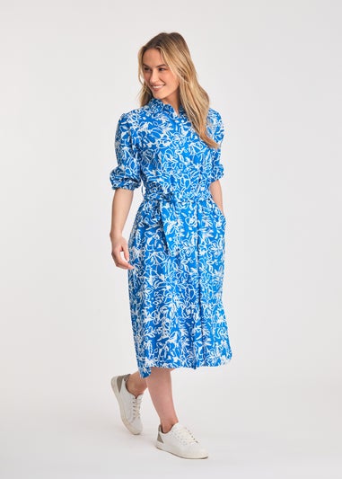 French Connection Blue Floral Print Short Sleeve Midi Shirt Dress