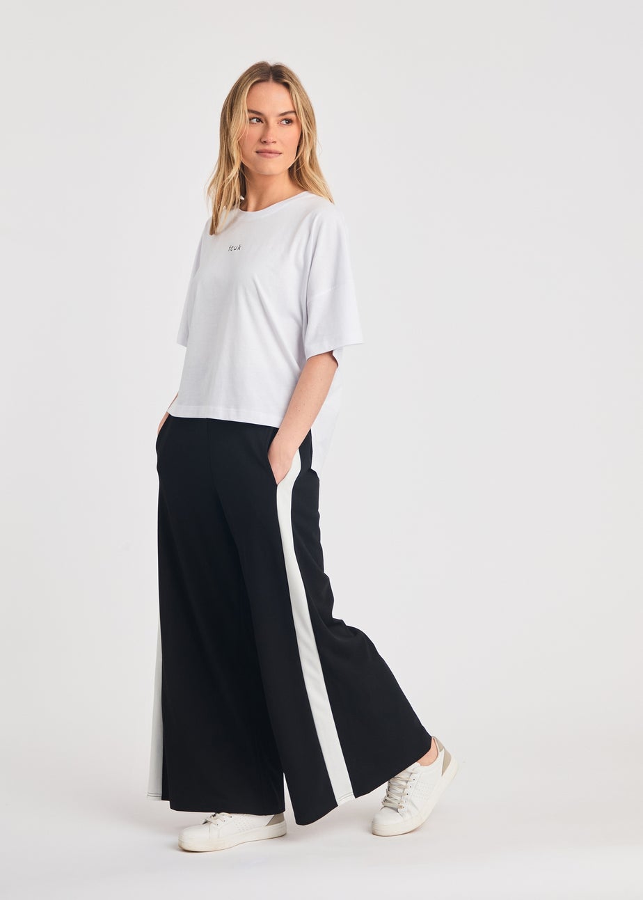 French Connection Black Wide Leg Crepe Trousers with Leg Stripe